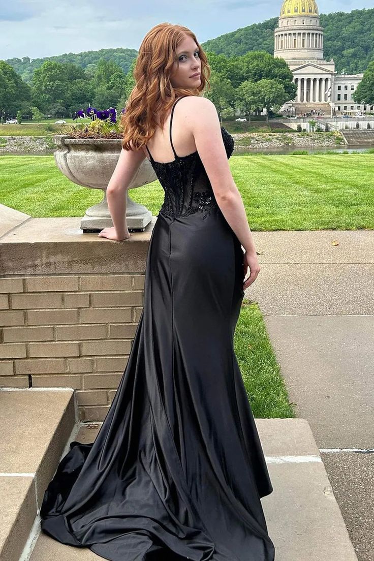 Spaghetti Straps Appliques Satin High Slit Party Prom Formal Evening Dress fg6988