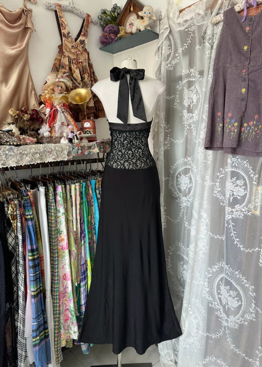 Elegant Black Halter Prom Dress Sleeveless Evening Party Dress fg7381