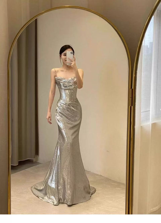 Elegant Mermaid Siver Sequin Prom Dress Sleeveless Evening Party Dress fg7379