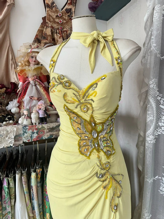 Yellow Halter Mermaid Long Prom Gown Evening Dress fg7398