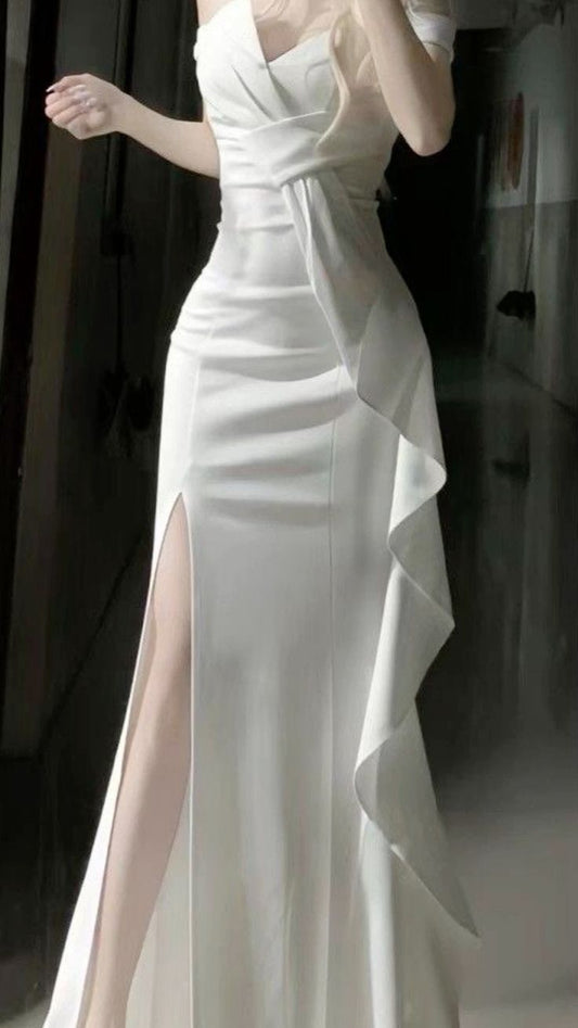 White Off Shoulder Long Prom Gown Evening Dress fg7392