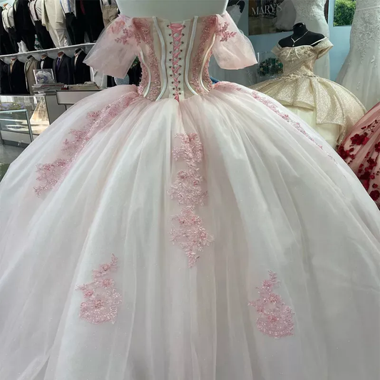 Pink Lace Quinceanera Dress Ball Gown Applique Lace Tulle Party Sweet 16 Dress fg7352