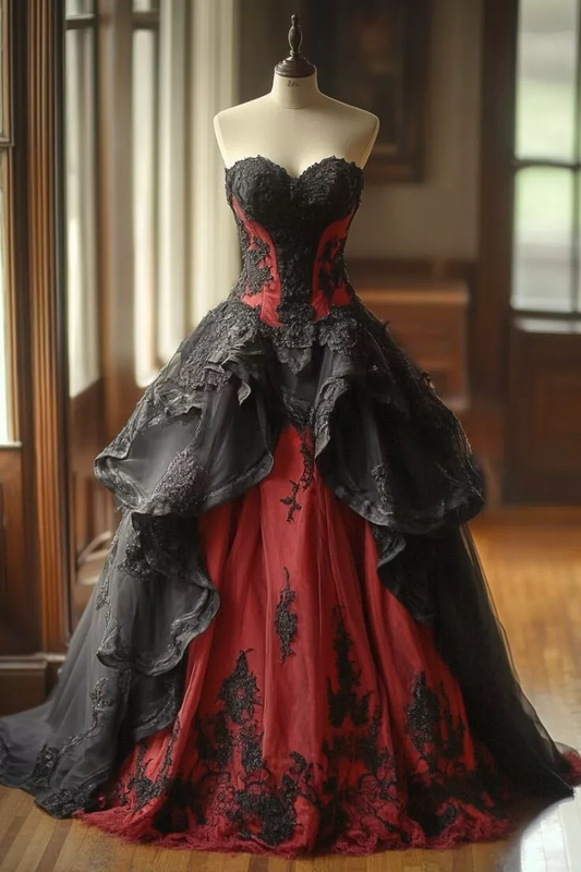 Ball Gown Black Red Corset Applique Lace Ruffle Evening Dress fg7235