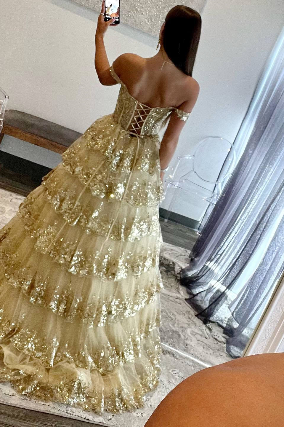 Gold A-Line Tulle Gold Sequin Long Prom Dress, Gold Long Evening Dress fg5526