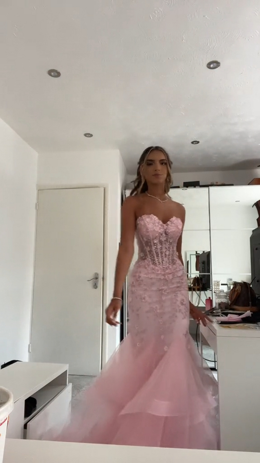 Mermaid Pink Tulle Long Prom Dress, Evening Formal Dress fg7253