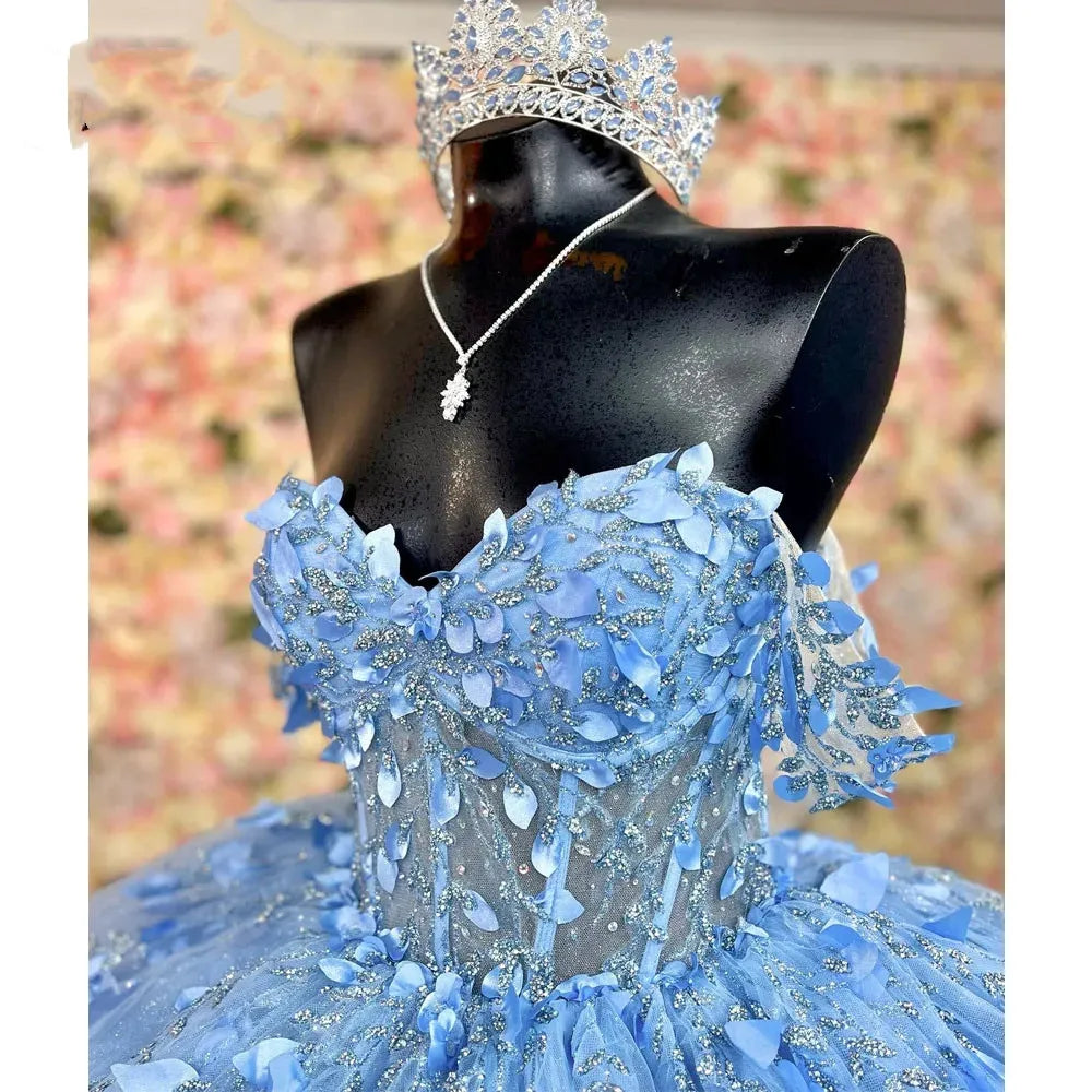 Sparkly Sky Blue Quinceanera Dress Ball Gown Appliques Beading Sequins Sweet 15 16 Dress fg6627