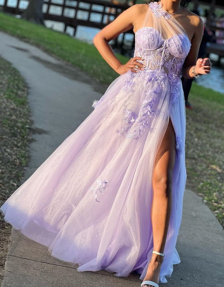 Dreamy Lavender Sheer Mesh One-Shoulder Long Prom Gown fg7292