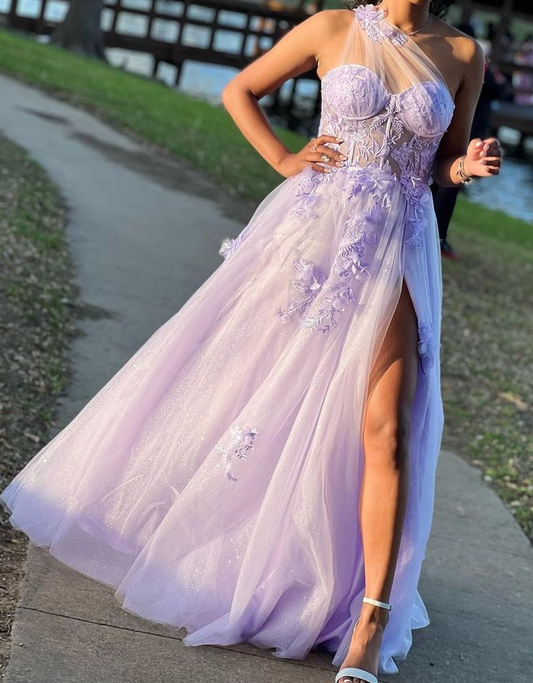 Dreamy Lavender Sheer Mesh One-Shoulder Long Prom Gown fg7292