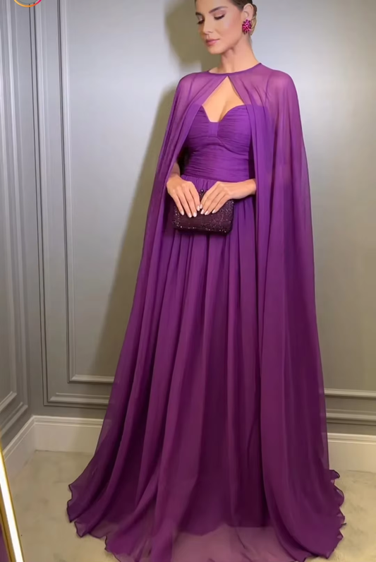 Elegant Purple Chiffon Long Evening Dress with Cape A-Line Pleated Floor Length Formal Prom Gown fg7269