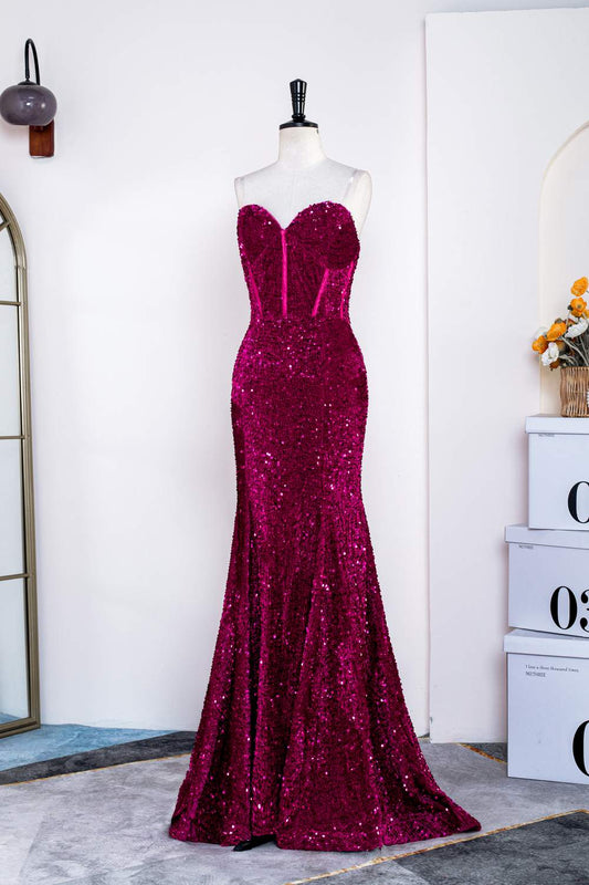 Fuchsia Strapless Sequins Mermaid Long Prom Dress