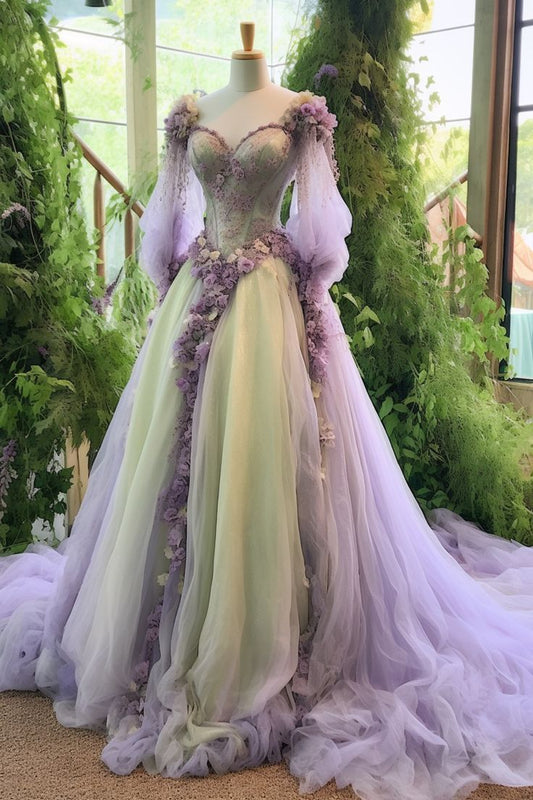 A Line Princess Floral Wedding Dress Lace Applique Sweetheart Tulle Bridal Gown fg7196
