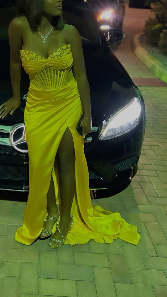 Yellow Mermaid Long Prom Dress Evening Party Dress With Slit fg7038