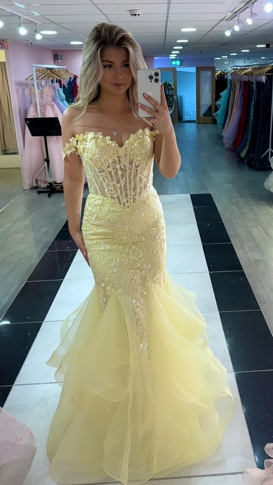Yellow Mermaid Lace Evening Prom Dress, Long Party Formal Dresses fg7181