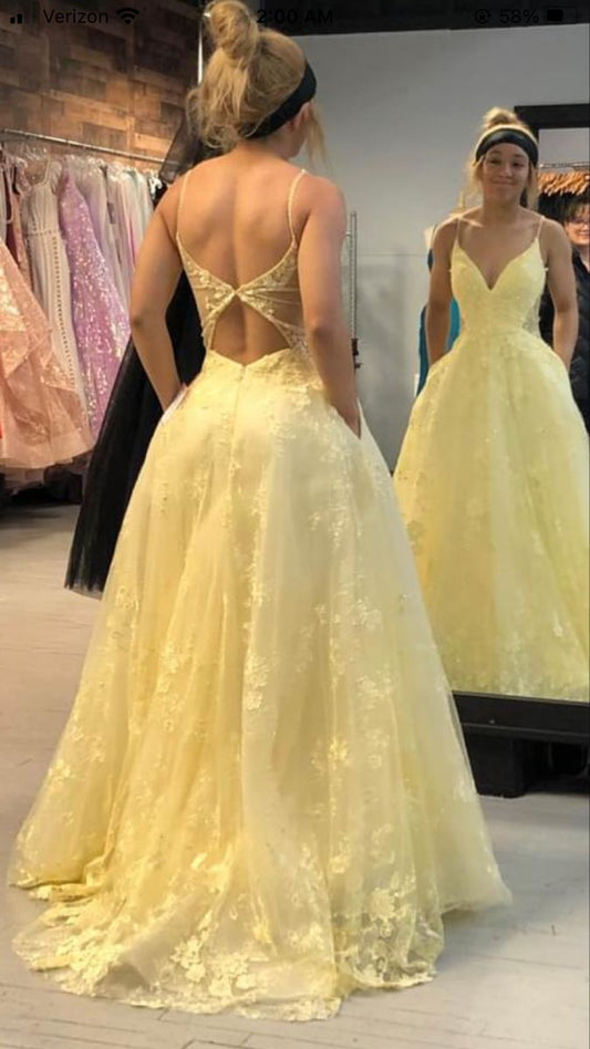 Yellow Lace Prom Dress Long Formal Dress Graduation School Party Gown fg7050