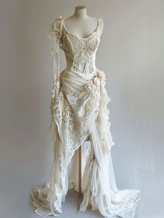 Vintage Unique Long Lace Prom Dress Wedding Dress Bridal Gown fg7209