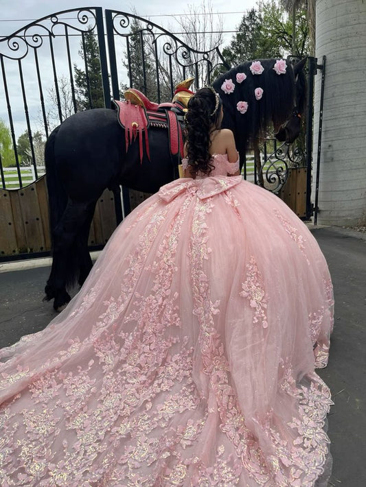 Pink Quinceanera Dress Off Shoulder Appliques Ball Gown With Bow fg7090