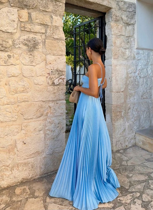 Simple Blue Sleeveless A-line Chiffon Long Evening Prom Dresses fg7203