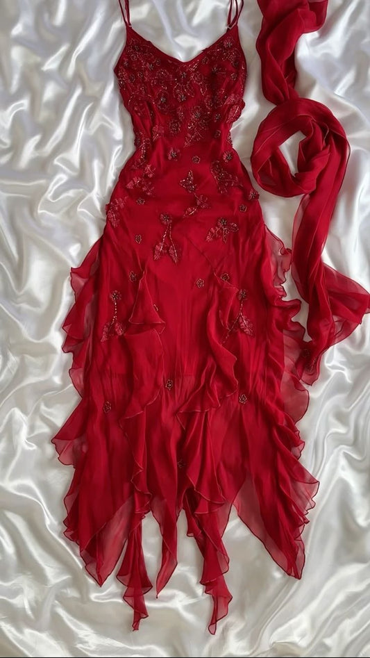 Spaghetti Straps Chiffon Ruffles Beading Red Prom Dress Red Evening Dress fg7111