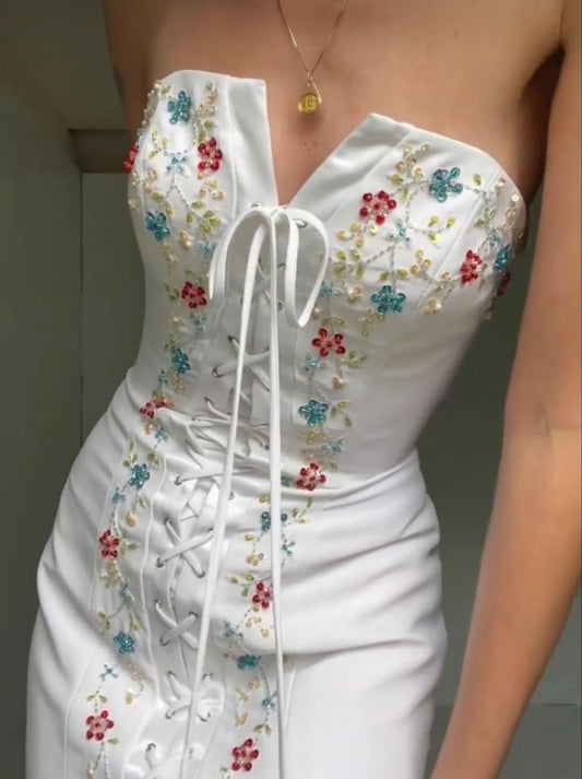 White strapless long dress elegant mermaid evening gowns fg7071