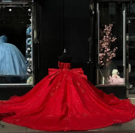 Red Princess Quinceanera Vestidos Gillter Off The Shoulder Corset vestidos de 15 Quinceanera Dress fg6291