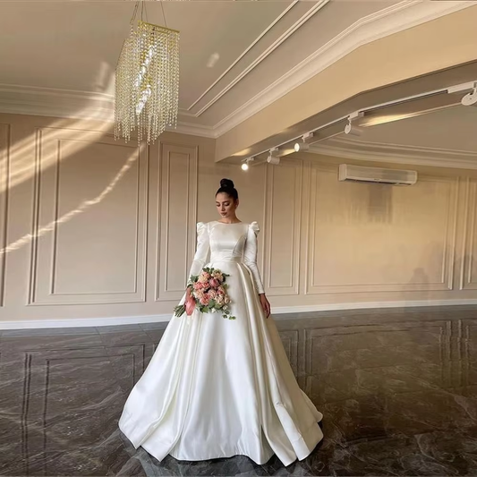 Simple wedding dress with sleeves, satin ball gown fg6430