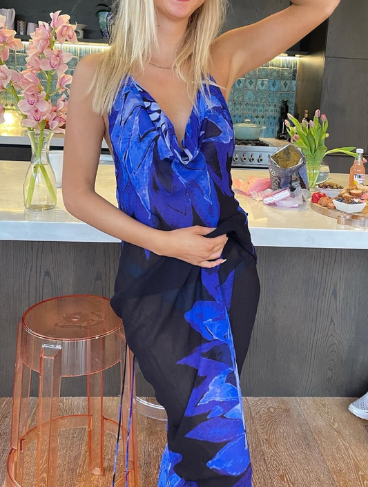 Sexy Sheath Halter Blue Print Floral Chiffon Open Back Evening Dress Outfits SH1941