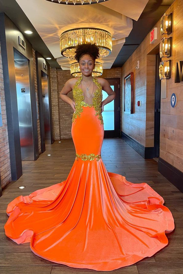 Sleeveless Orange Mermaid Elegant Prom Dress Appliques With Beads