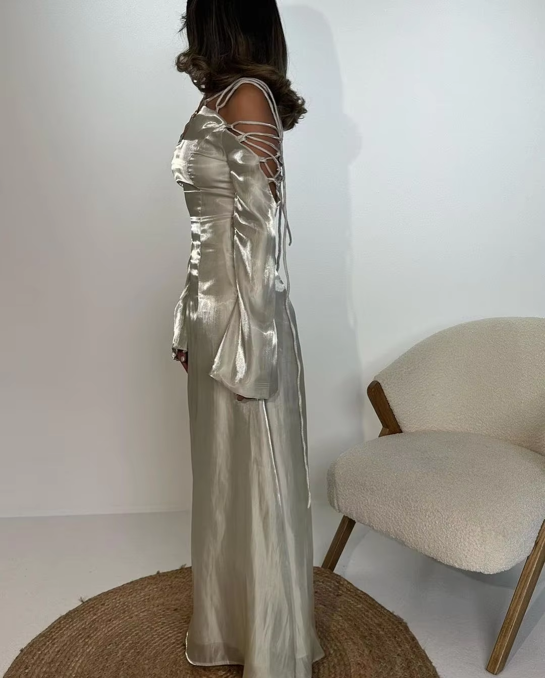 Silver Grey Prom Dress, Modern Girl Lace Up Flare Sleeves V Neck Elegant Evening Dress fg6554