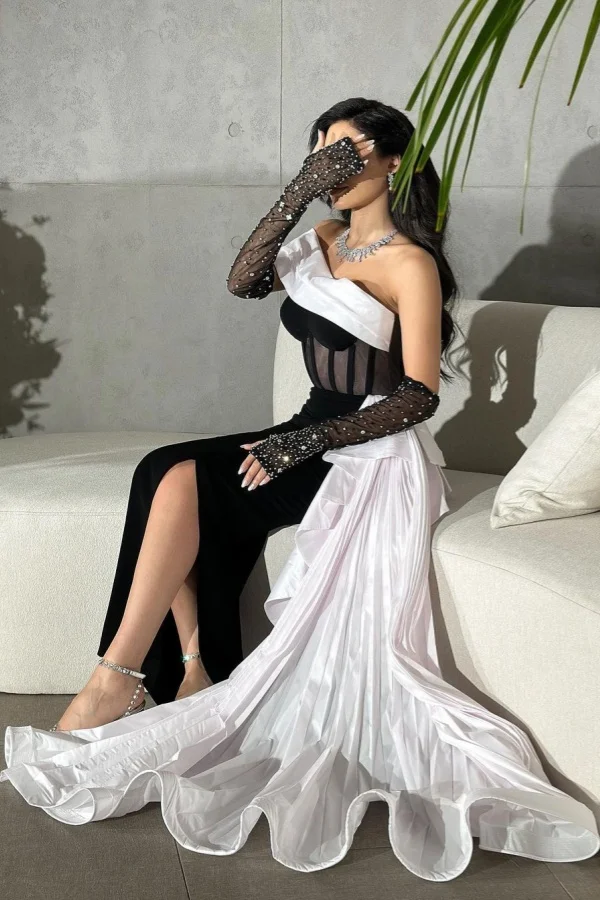 Black Short Slit Prom Dress With White Tail