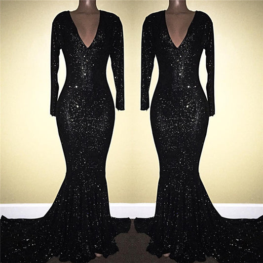 Long Sleeves V-Neck Mermaid Prom Dress Black With Sequins