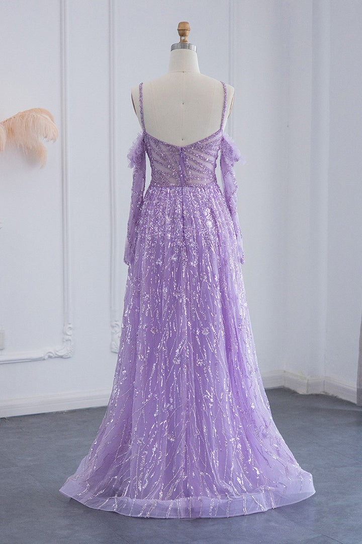 Pink Off-The-Shoulder A Line Prom Dress Long Sleeves Tulle With Sparkle Appliques