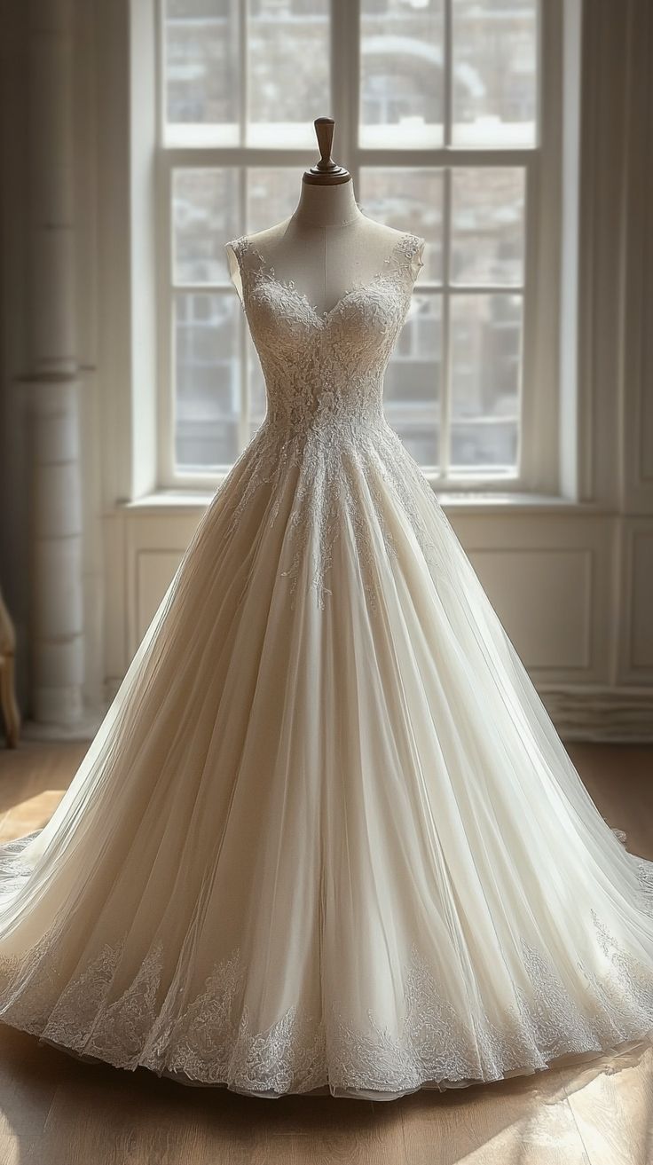 White A-line V-neck lace tulle long prom dress, white wedding dress ED01245