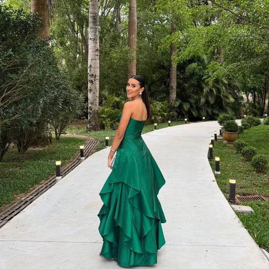 Dark Green Sleeveless Strapless A Line Long Prom Dress With Pleated