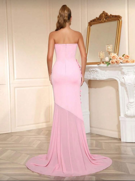 Elegant Sleeveless Satin Square Strapless Mermaid Prom Dress With Handmade Flower