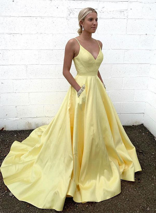 Yellow Satin V Neck Spaghetti Straps Long Senior Prom Dress With Pocket KS1683