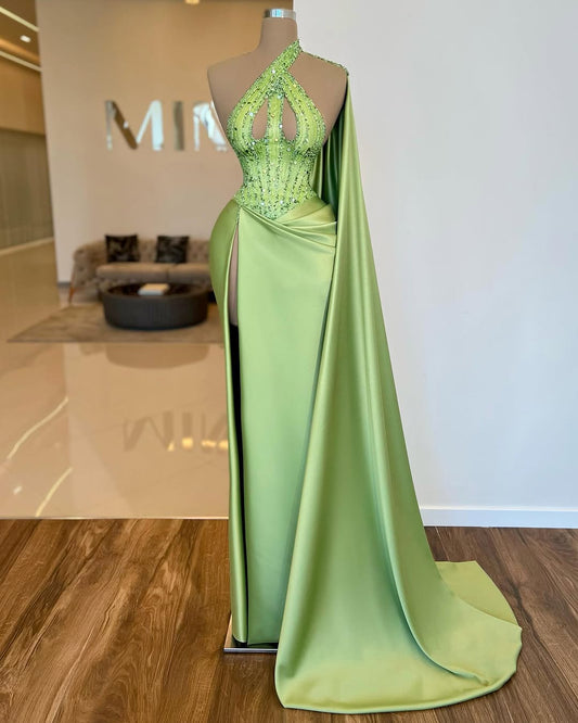 Sleeveless Halter Straps Mermaid Beads Prom Dress