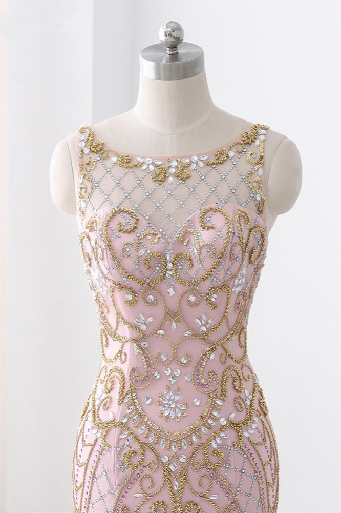 Pink Jewel Sleeveless Prom Dress Mermaid with Beadings Rhinestone