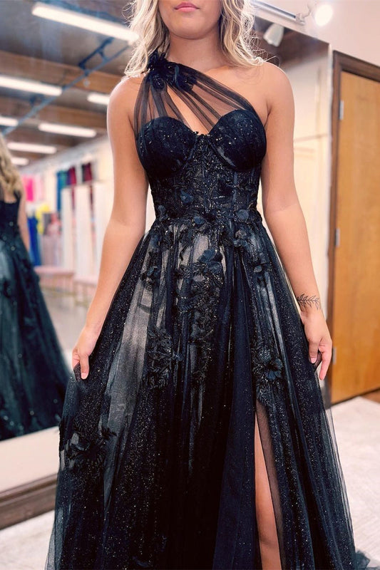 Black A Line Evening Dress With Flowers Appliques
