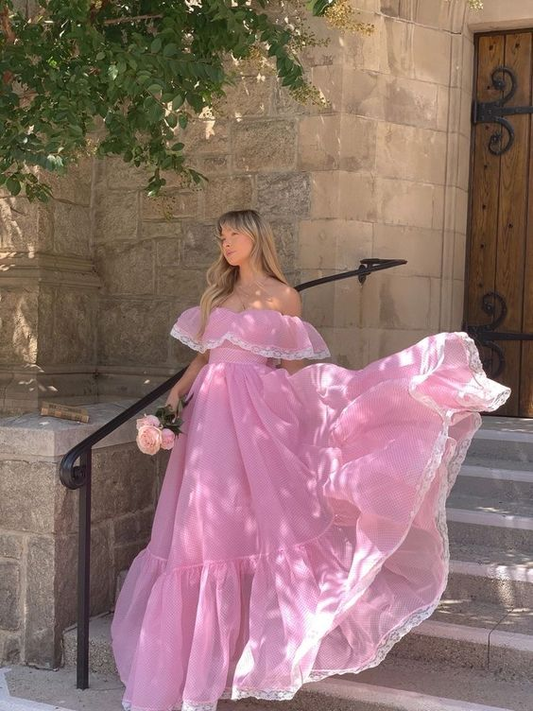 Pink Tulle Off The Shoulder Lace Long Prom Dressï¼_legant Evening Dress SH716