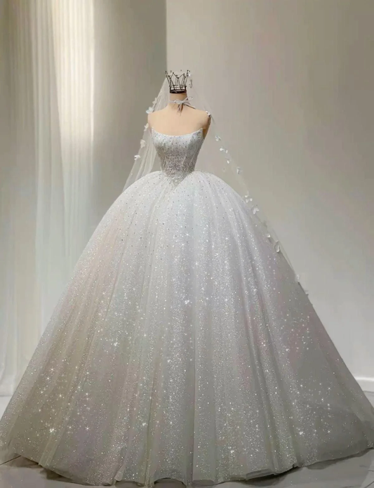 A Line Shinny Long Wedding Dress Strapless Bridal Gown fg7507
