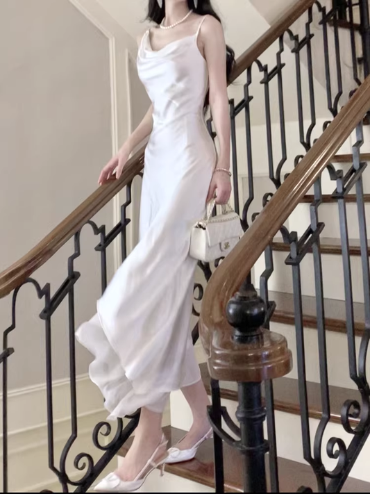 Classy Spaghetti Straps White Satin Chiffon Mermaid Long Prom Dress Birthday Party Gown SP1988