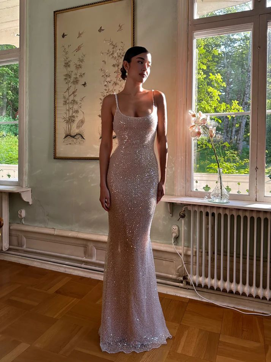 Elegant Mermaid Sequin Pink Prom Dress Long Brithday Evening Dress SH1215