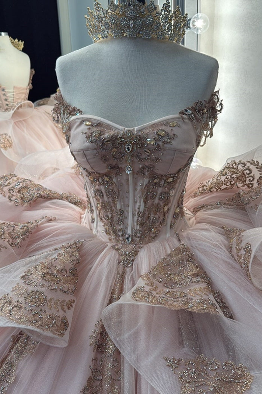 Pretty Pink Off The Shoulder Tulle Beaded Appliques Quinceanera Dress Sweet 16 Dress D1393
