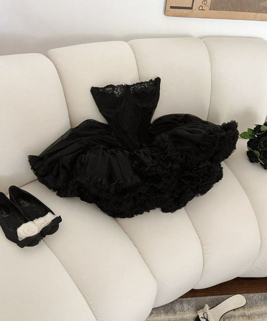 Cute Ball Gown Strapless Black Ruffles Lace Homecoming Dress Short Birthday Outfits fg7243