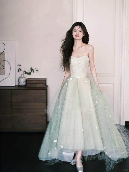 Classy A Line Sweetheart Neck Floral Green Tulle Prom Dress Party Dresses SH4595