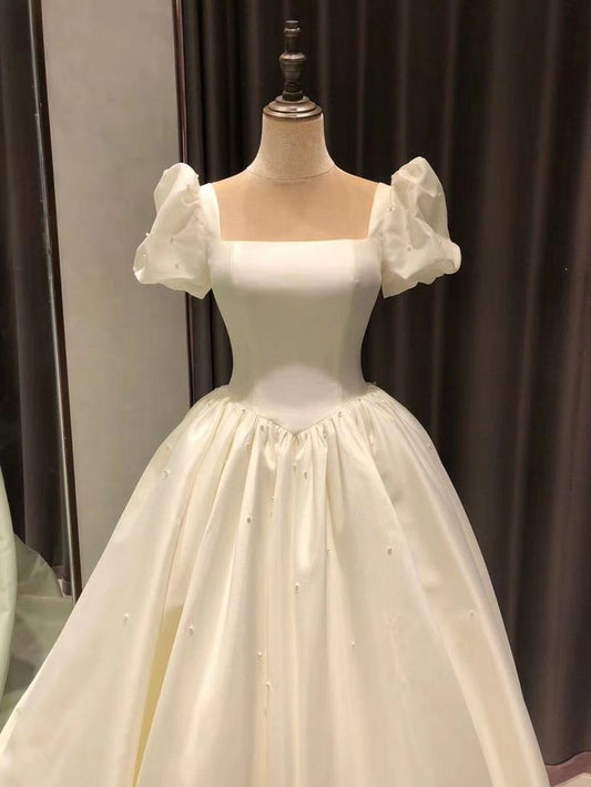 Spauare Neckline Bubble Sleeves Satin Wedding Dresses, Vintage Bridal Gown fg7274