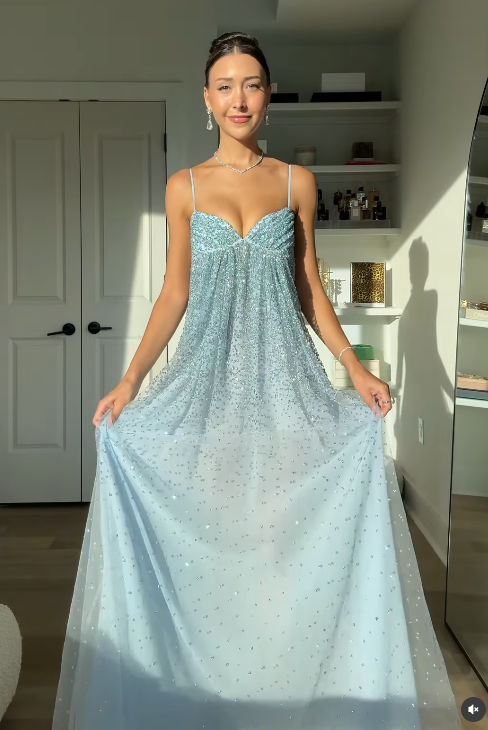 Blue A Line Spaghetti Strap Sequin Beaded Tulle Prom Dress Evening Dress SH4791