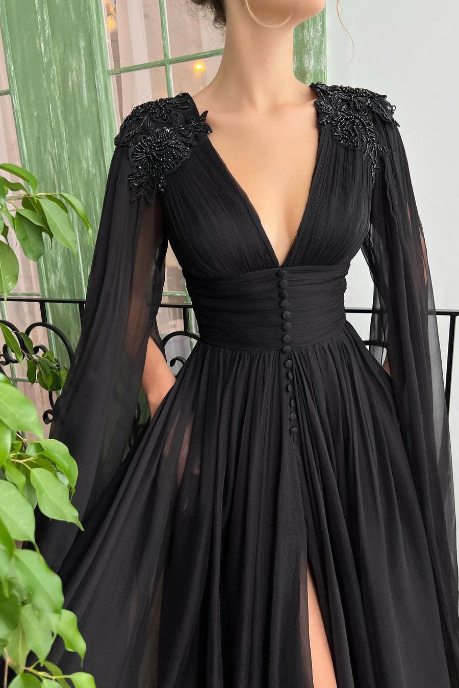 Elegant Black Deep V Neck Tulle Maxi Cocktail Evening Party Dress Front Slit Ruffle Sleeves