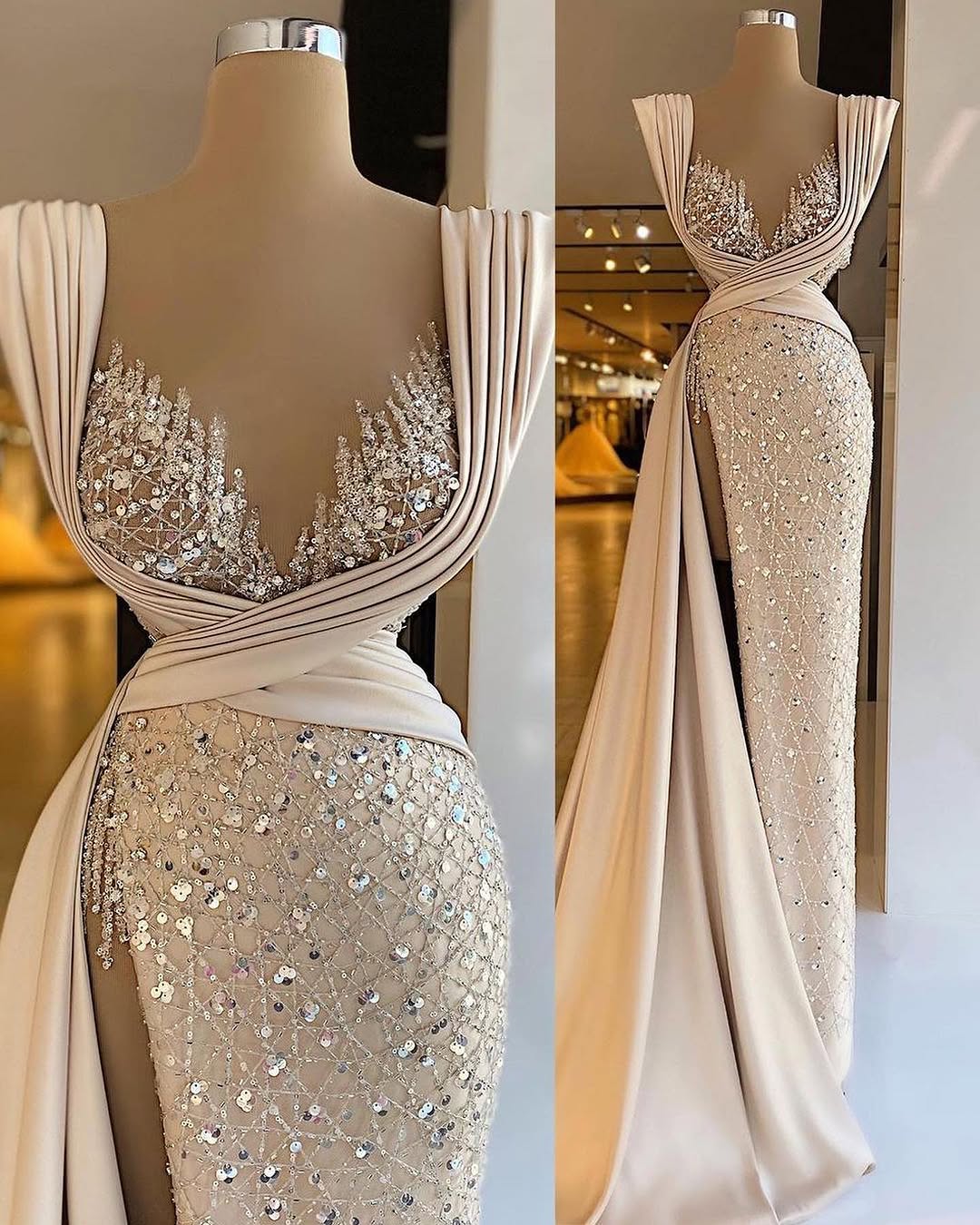 Sleeveless Deep V-Neck Mermaid Beads Prom Dress