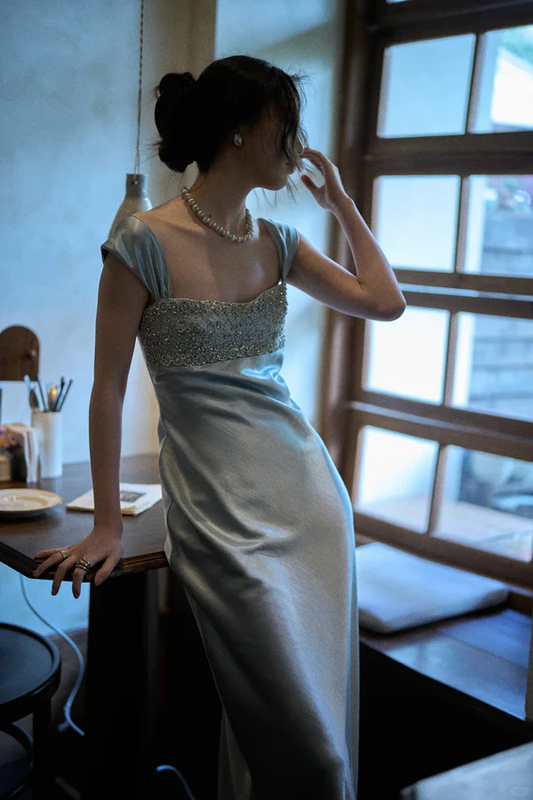 Elegant Blue A Line Straps Beaded Satin Long Prom Dress Evening Dress fg8690